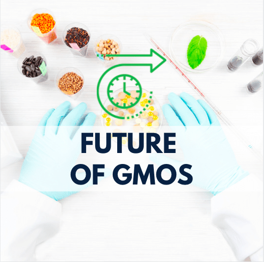 hands with gloves and GMO samples, time icon, and navy blue text